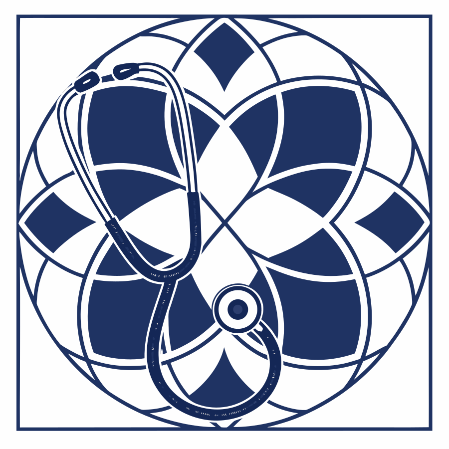 Estetoscópio sobre uma roseta de ladrilho hidráulico, azul-marinho sobre branco