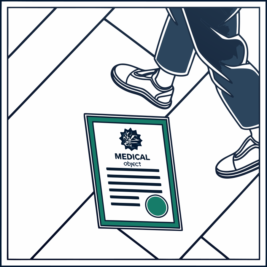 Certificado com selo verde no chão, com pernas e sapatos de alguém a passar